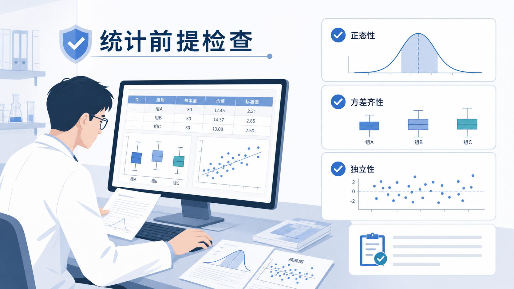 医学科研人员在电脑前查看数据表、统计图和论文草稿，画面强调“统计前提检查”主题。