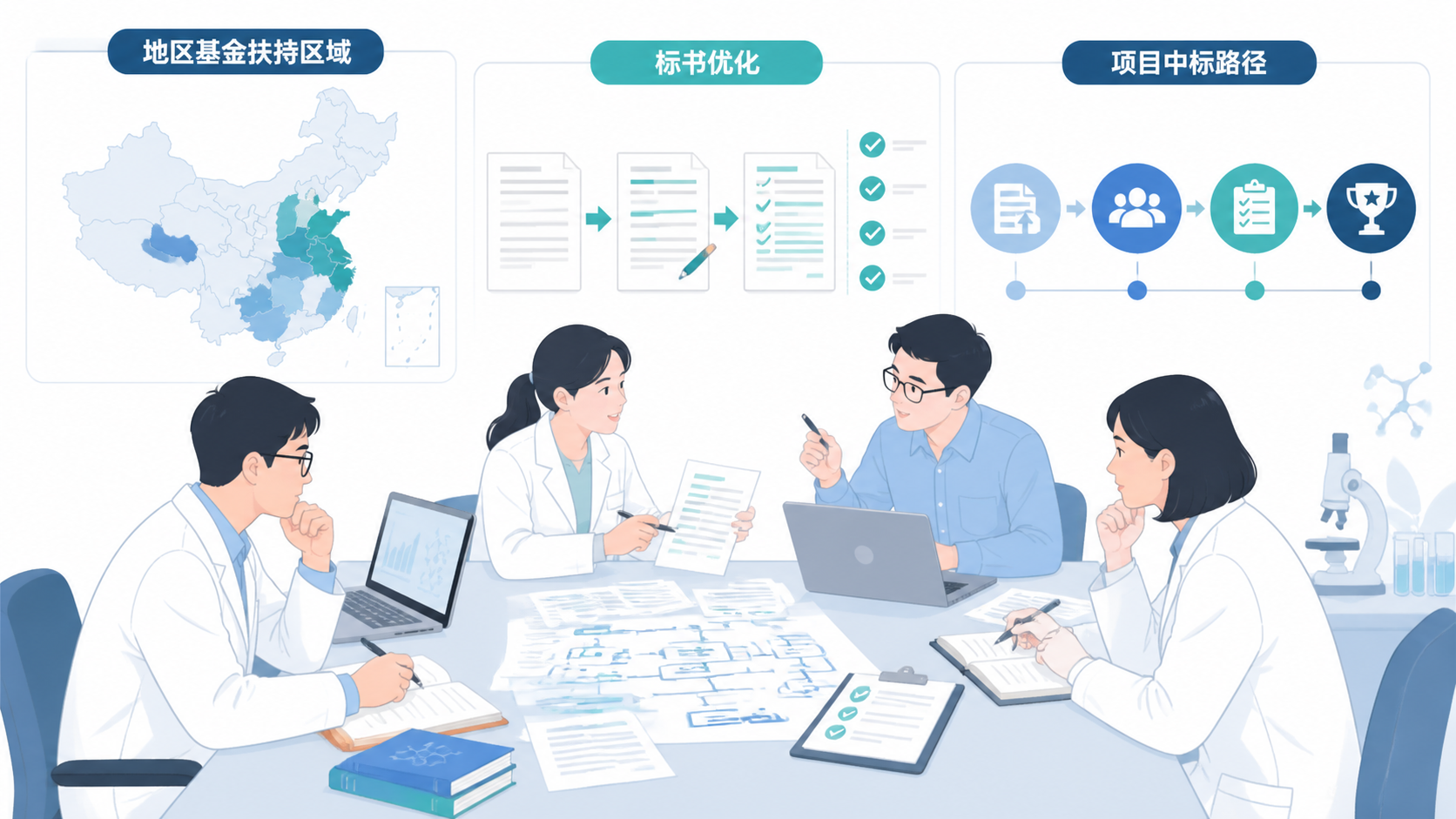 科研团队围绕基金申请书进行修改与讨论，画面突出“地区基金扶持区域”“标书优化”“项目中标路径”