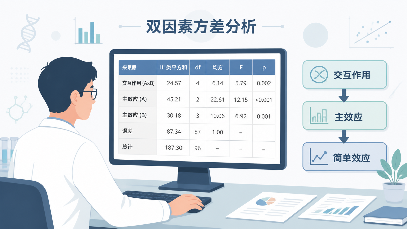 科研人员面对电脑上的双因素方差分析输出表，旁边有流程箭头指向“交互作用”“主效应”“简单效应”，整体清晰专业。
