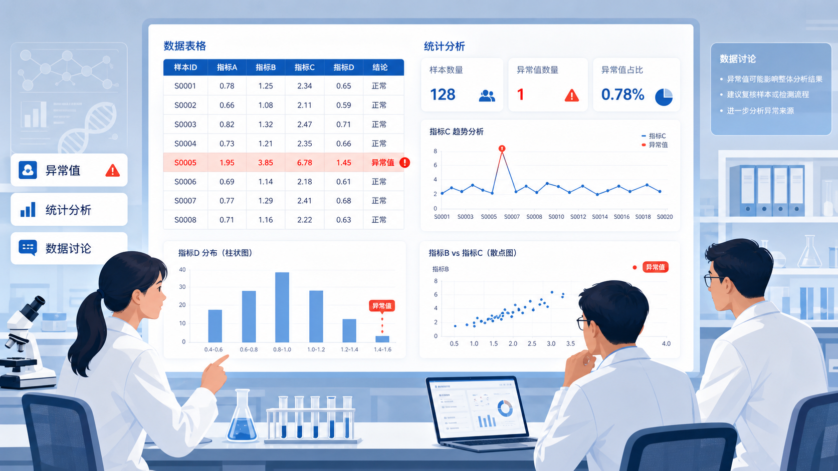 实验室数据表格中某个异常数值被高亮标出，旁边有统计分析图和科研人员讨论数据的场景