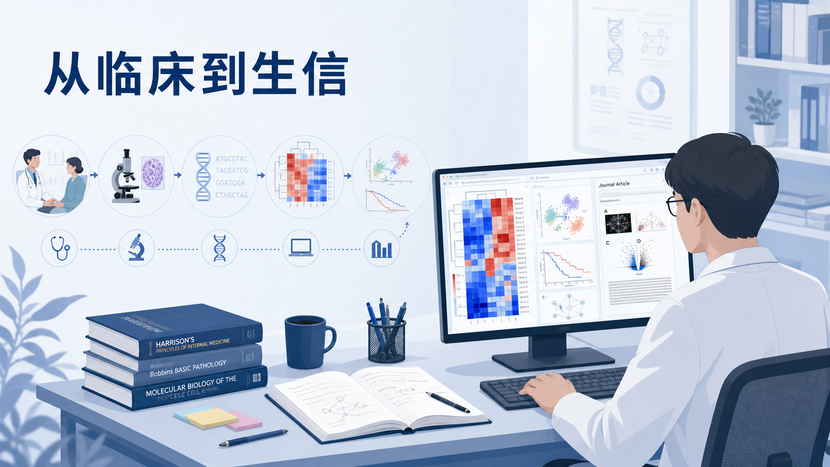 一位临床医生在电脑前查看基因表达热图和文献图示,旁边放着笔记本与医学书籍,突出“从临床到生信”的转变场景