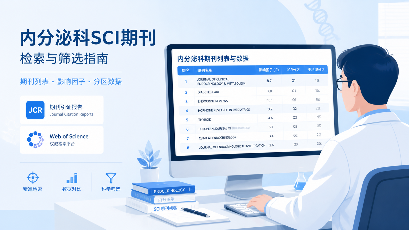 一位科研人员在电脑前对比内分泌科SCI期刊列表、影响因子和分区数据，旁边有JCR和Web of Science界面元素。