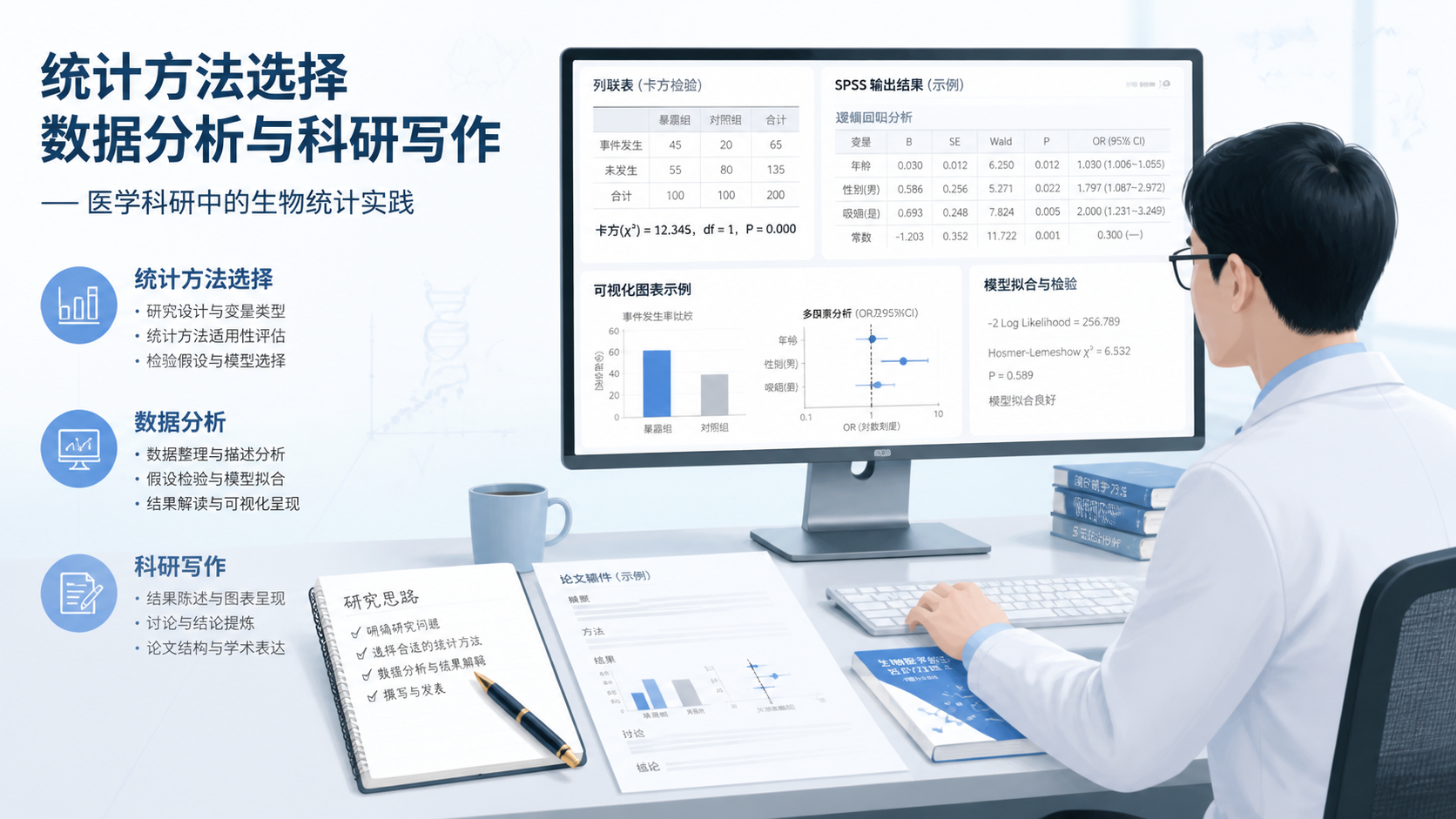 医学科研工作场景，研究者在电脑前查看列联表、SPSS输出结果和论文稿件，强调统计方法选择与科研写作支持