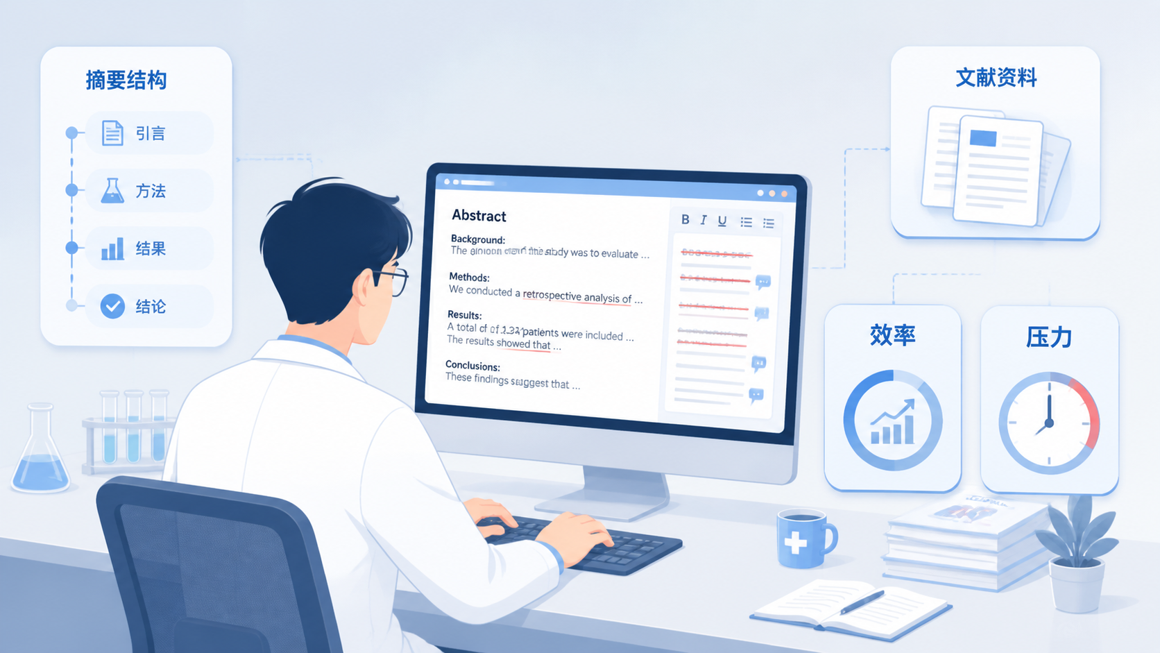 科研人员在电脑前修改SCI摘要，旁边显示摘要结构框架和文献资料，突出写作压力与效率问题。