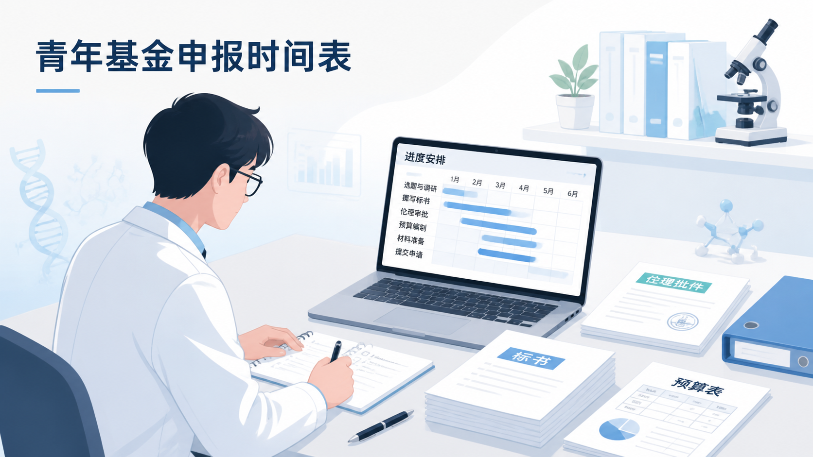 青年科研人员整理青年基金申报时间表，旁边有标书、伦理批件、预算表和电脑屏幕，整体体现专业、紧凑、可执行的申报场景