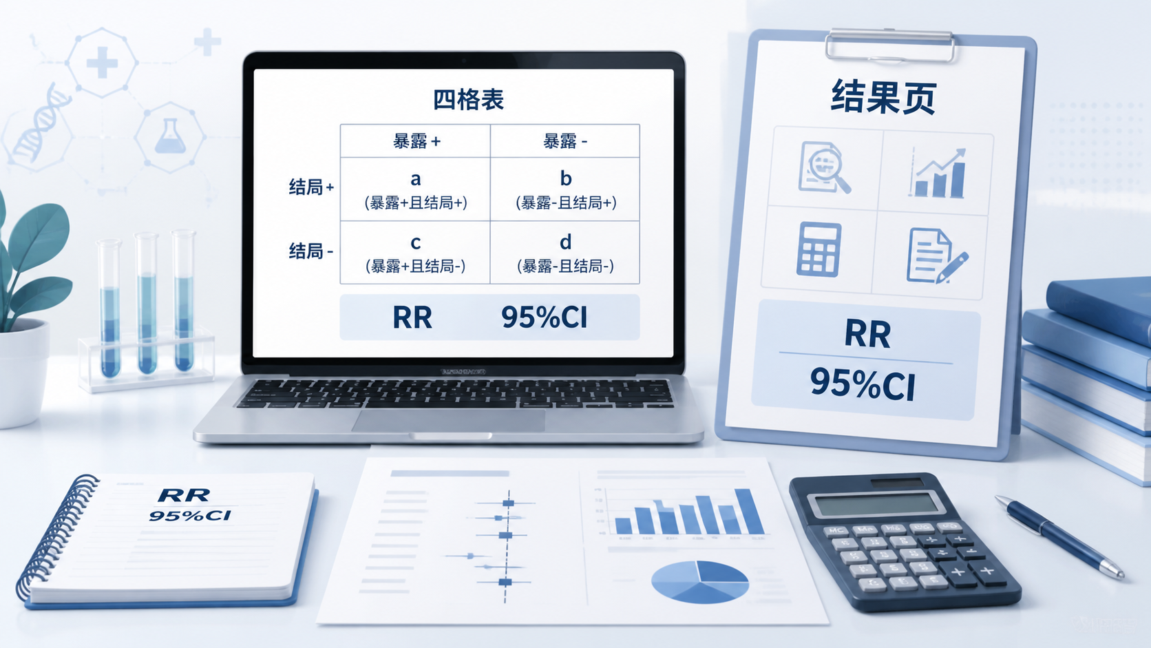 论文结果页、四格表、RR和95%CI标注清晰的科研工作台场景，突出规范报告与工具辅助分析