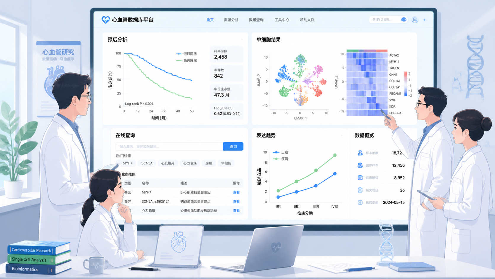 心血管科研团队围绕数据库平台讨论的场景，屏幕展示预后分析、单细胞结果和在线查询界面，整体体现专业科研转化氛围