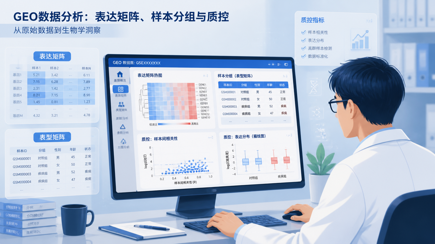 一张科研人员在电脑前处理GEO表达矩阵、样本分组和质控图的工作场景，背景叠加“表达矩阵、表型矩阵、标准化”关键词。