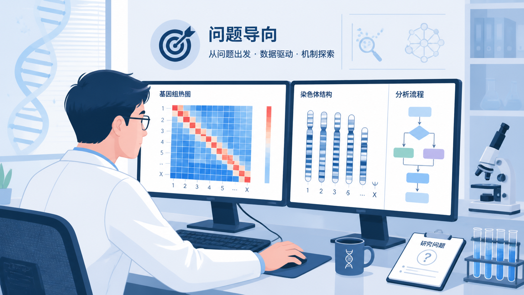 科研人员在电脑前查看基因组结构数据热图、染色体结构示意图和分析流程图，体现“问题导向”的研究场景