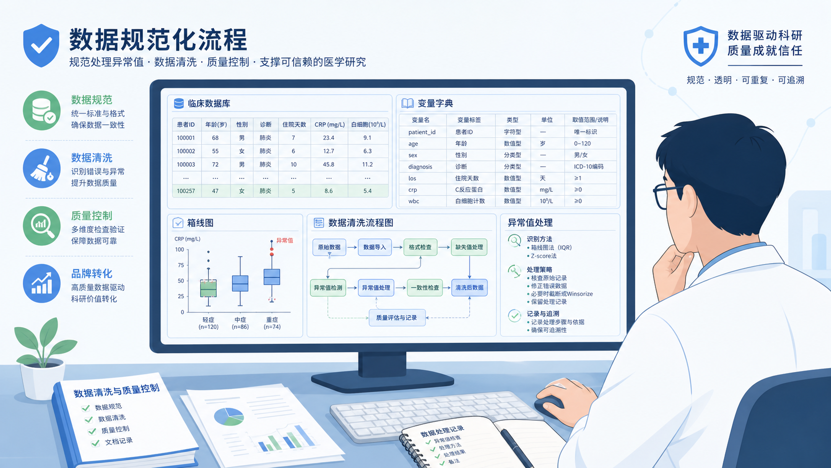 研究者在电脑前核对临床数据库、变量字典、箱线图和数据清洗流程图，体现“规范处理异常值”与品牌转化