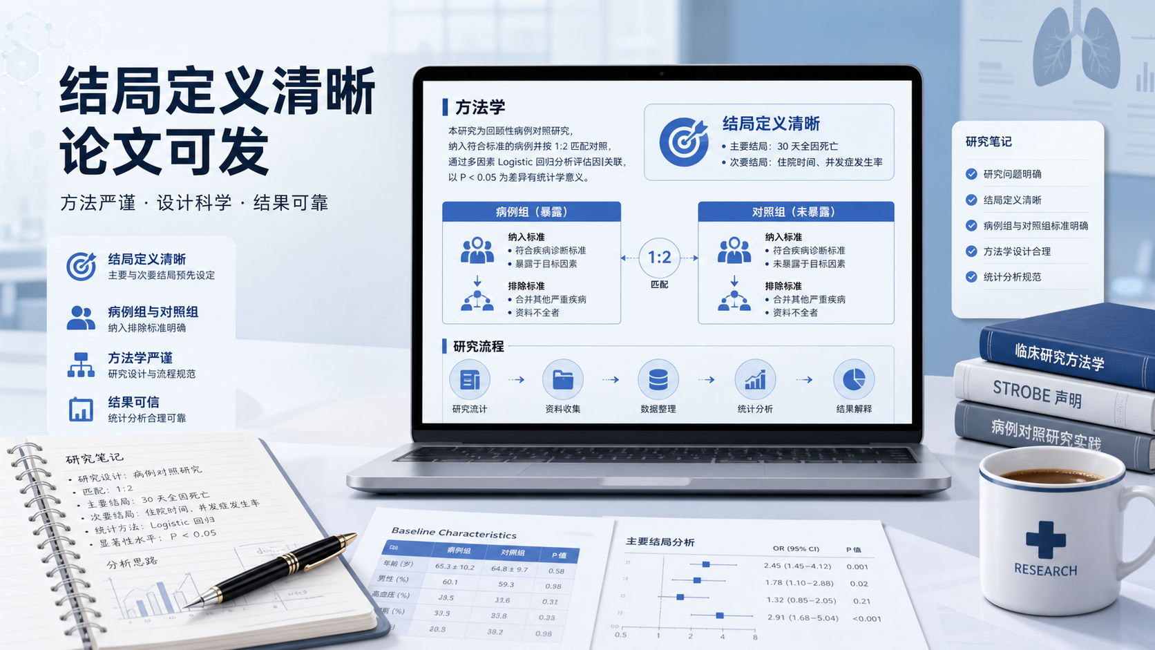 科研写作工作台场景，屏幕上显示论文方法学段落、病例组和对照组框架图，突出“结局定义清晰、论文可发表”