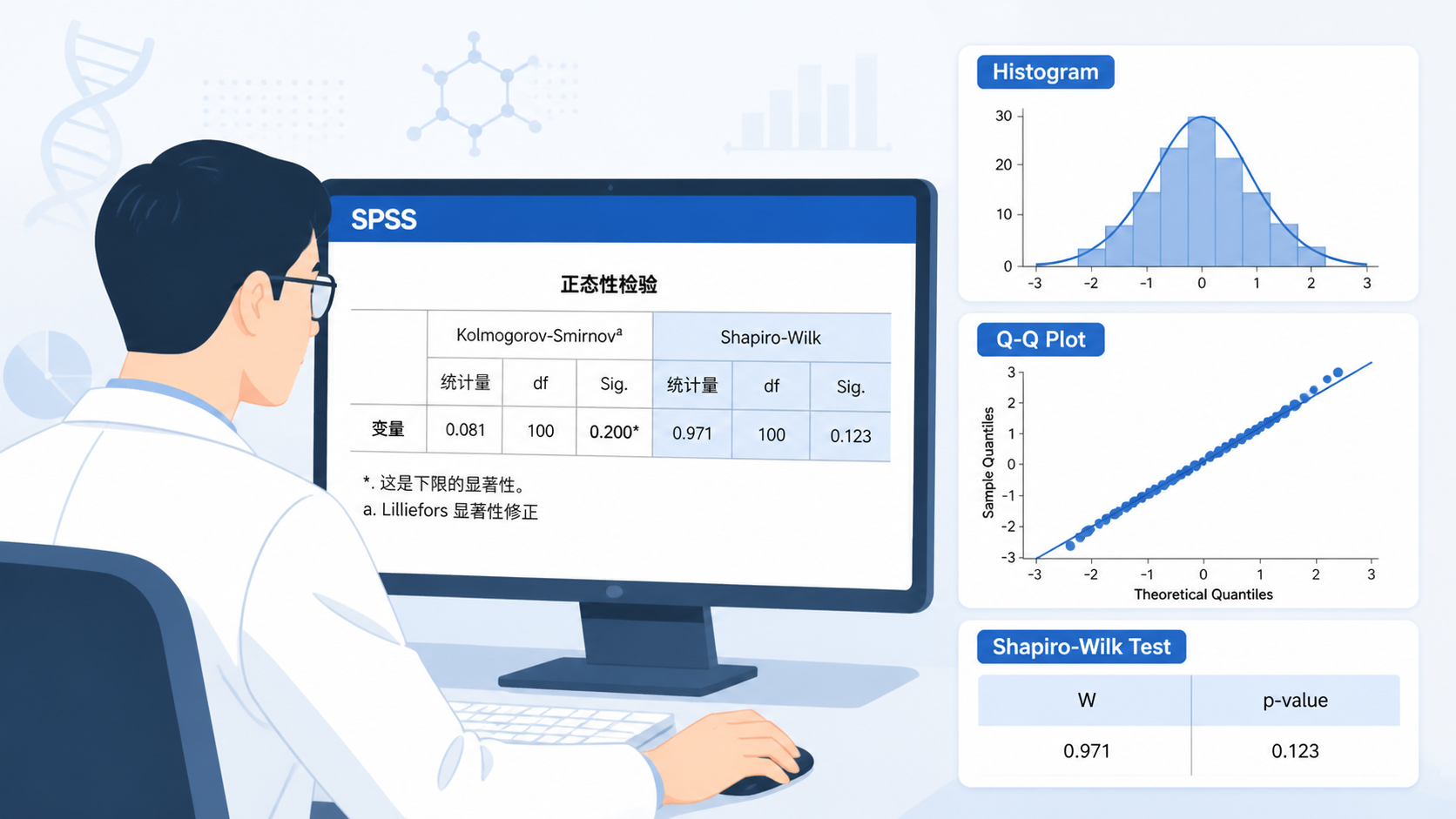 科研人员在电脑前查看SPSS输出结果，旁边有直方图、Q-Q图、SW检验表格的组合示意图