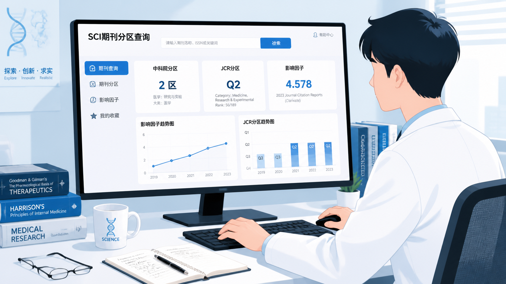 一位医学生或科研人员在电脑前查询SCI期刊分区，屏幕上显示“中科院分区、JCR分区、影响因子”等信息，画面专业、简洁。