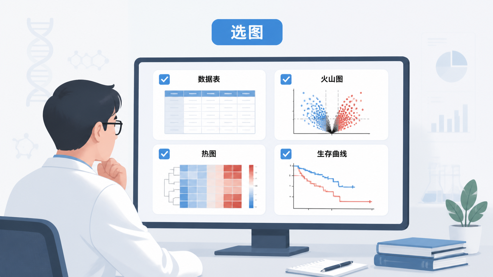 一位科研人员在电脑前对照数据表、火山图、热图和生存曲线做图表选择，画面专业简洁，突出“选图”主题