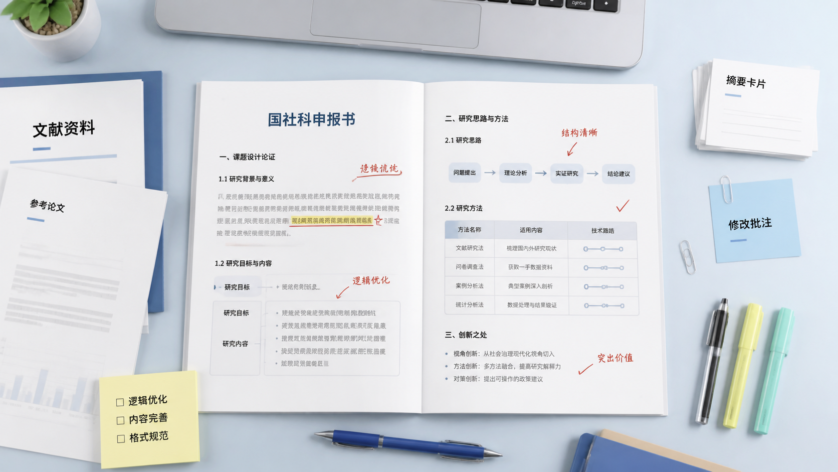 一份结构清晰的国社科申报书、文献资料和修改批注的桌面场景，体现“专业打磨”和“申报提升”的结果