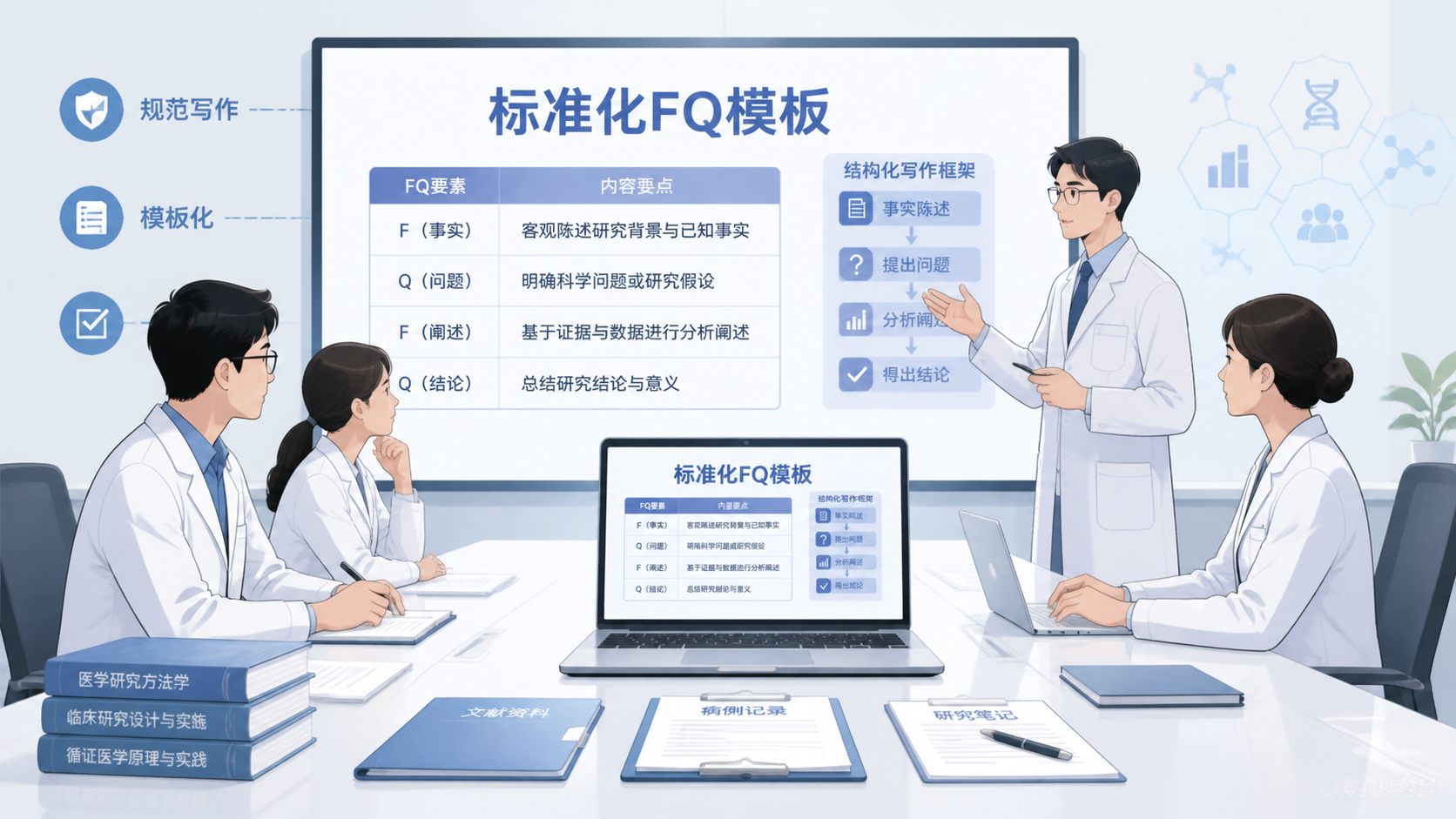 科研人员在会议室中展示标准化FQ格式模板，旁边有文献、病例资料和电脑屏幕，突出“规范写作、模板化整理、专业输出”的主题