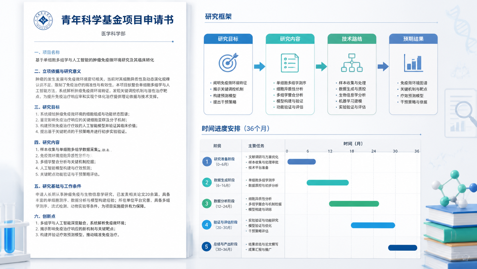 一份结构清晰的青年基金申请书成稿页面，旁边展示研究框架图、时间进度表