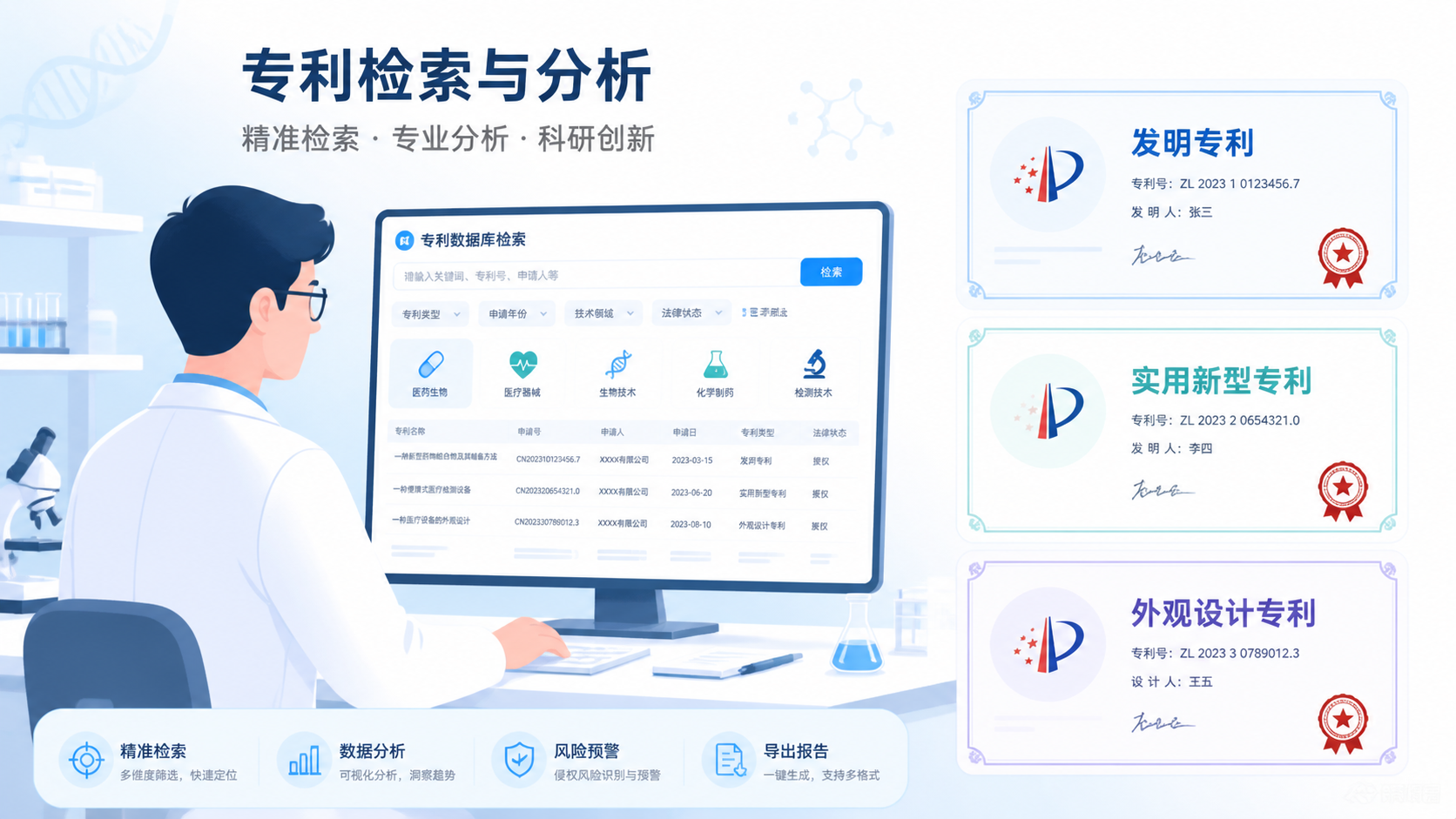 医学科研人员在电脑前检索专利数据库，旁边展示发明专利、实用新型专利、外观设计专利三类证书示意图