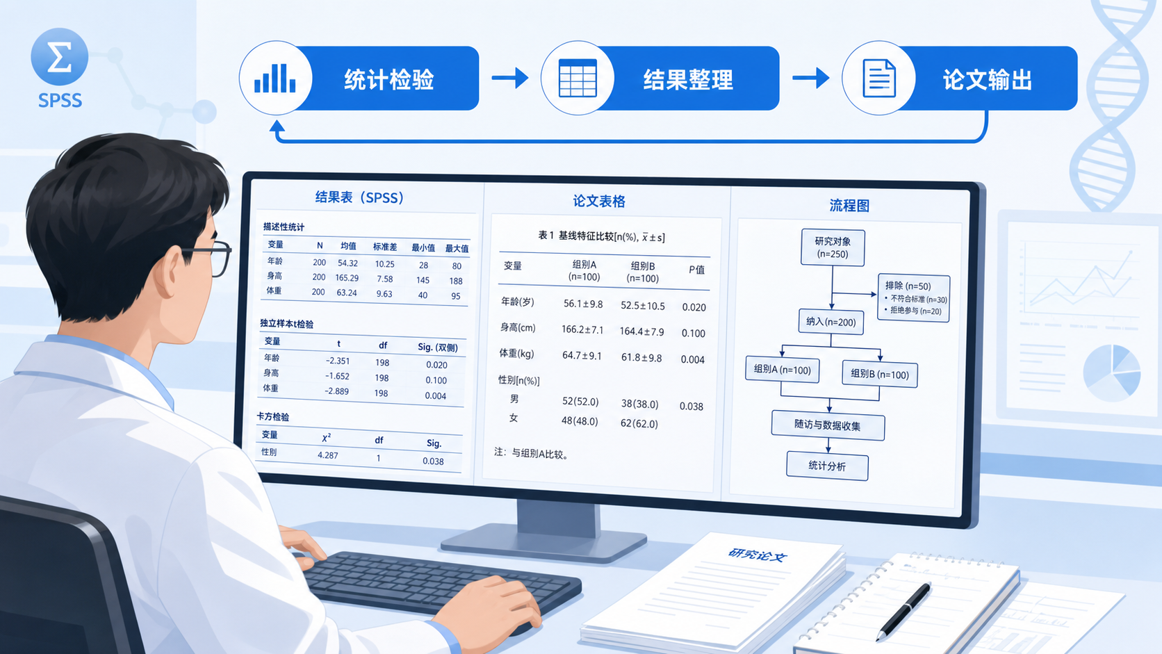 科研人员在电脑前查看SPSS结果表、论文表格与流程图，突出从统计检验到论文输出的完整闭环