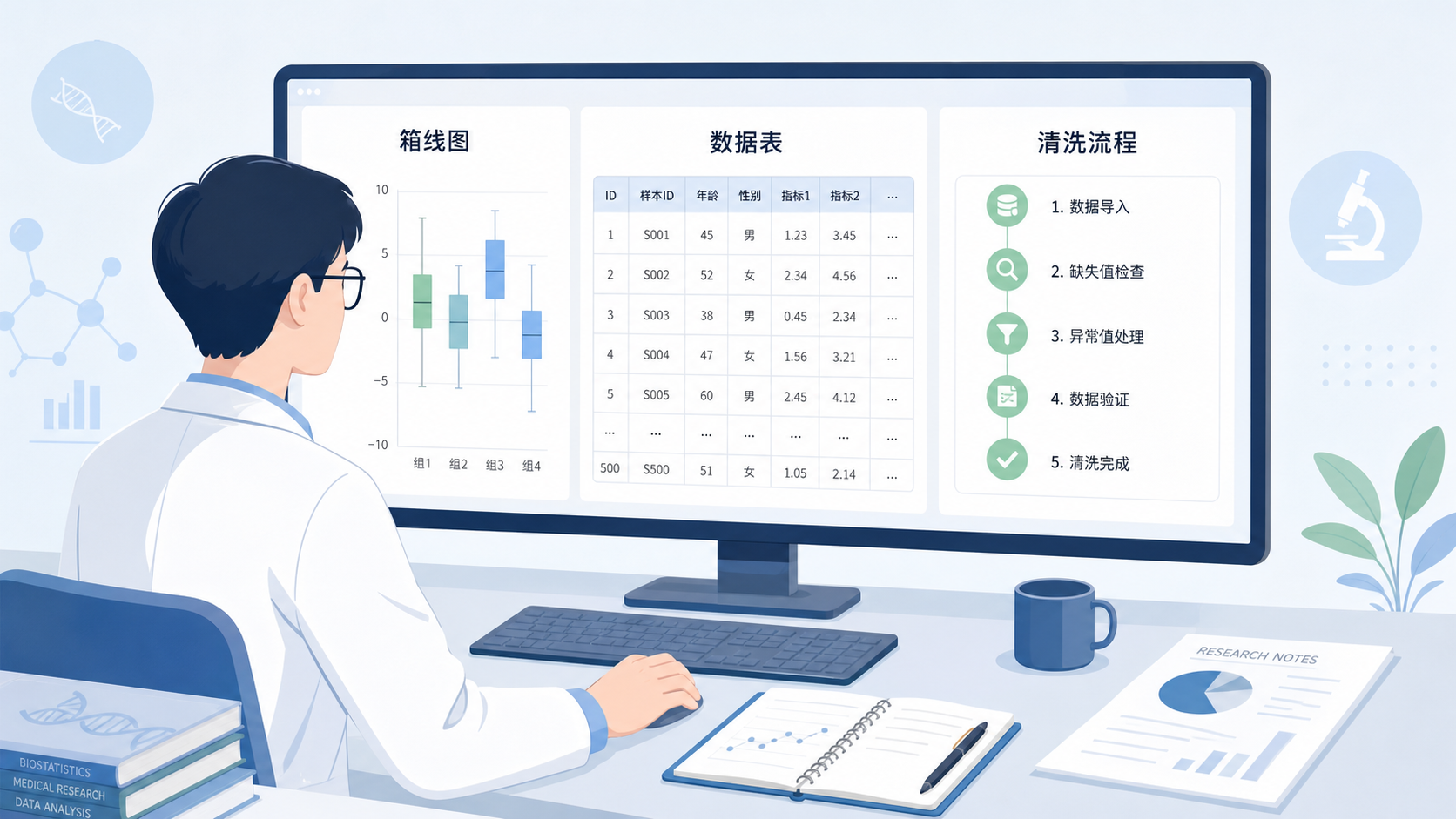 一张研究者在电脑前查看箱线图、数据表和清洗流程清单的专业科研场景图。