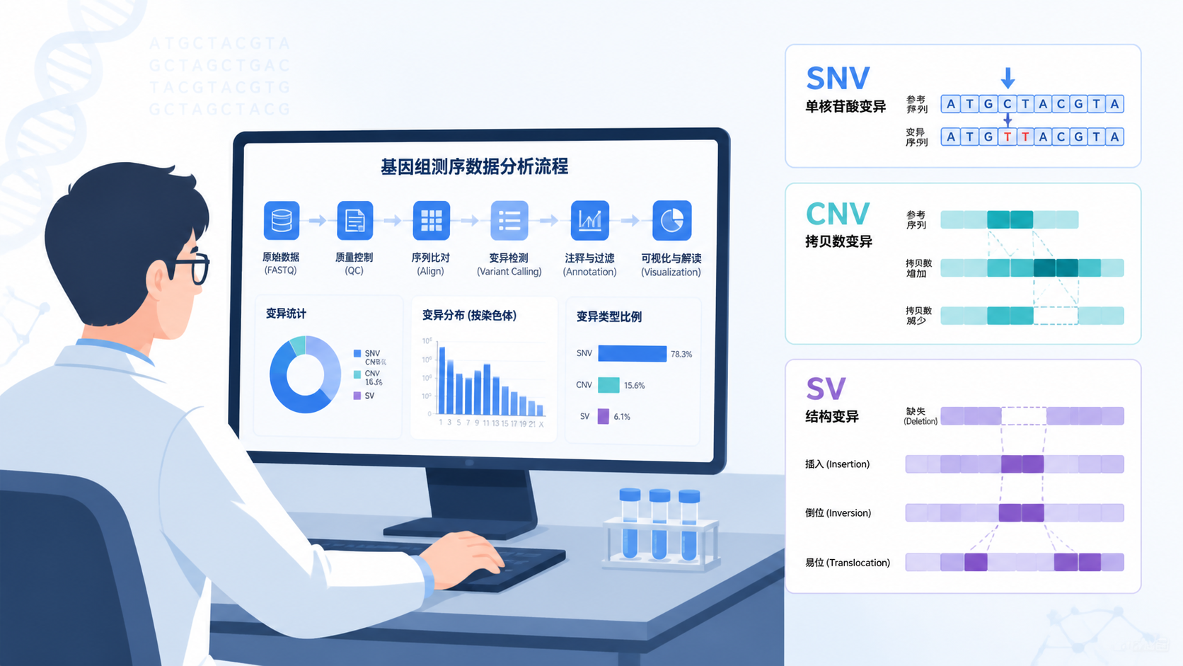 科研人员在电脑前查看基因组测序数据分析流程图，旁边展示SNV、CNV、SV等变异类型示意图