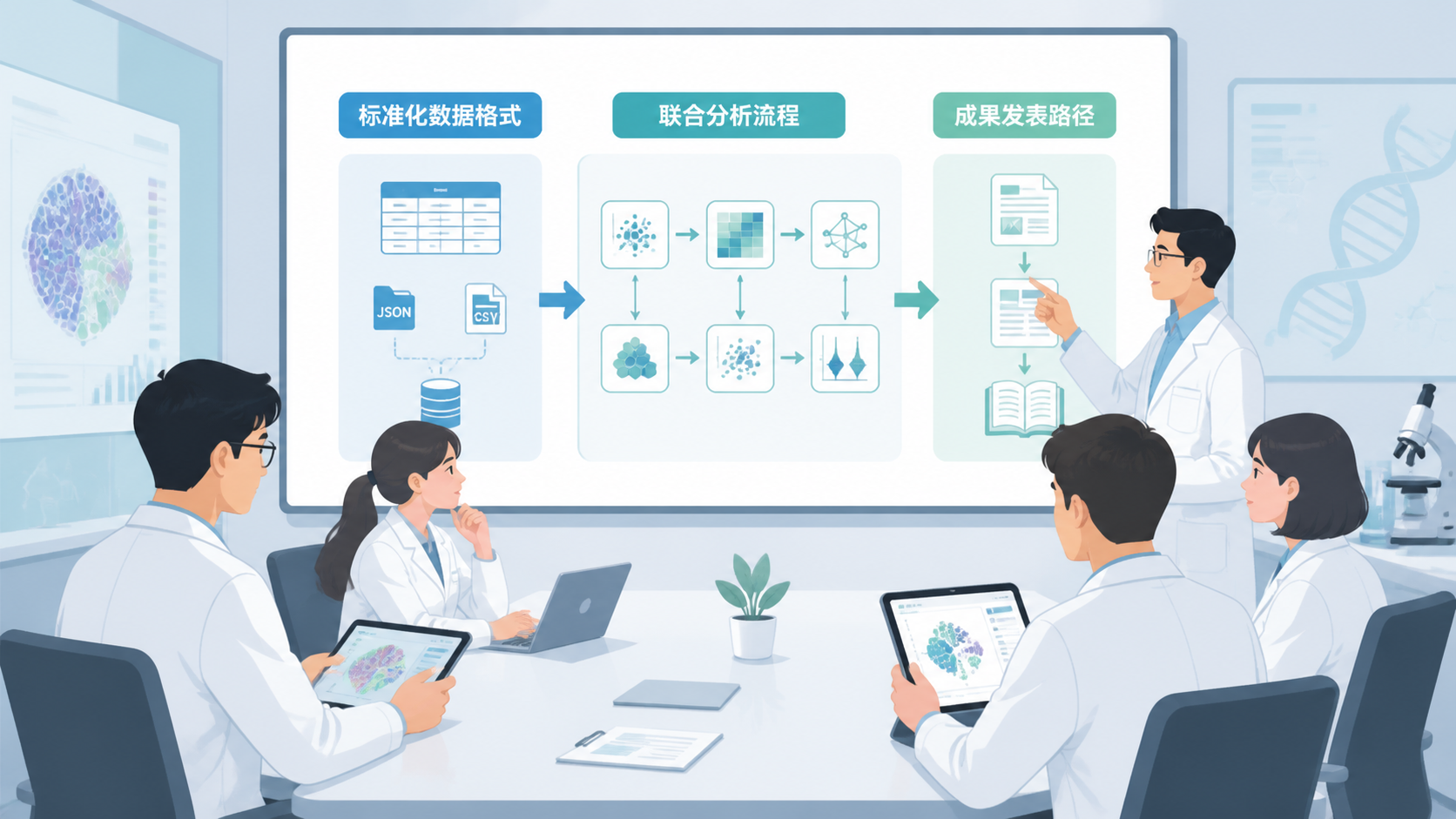 科研团队在会议室讨论空间转录组项目，屏幕展示标准化数据格式、联合分析流程和成果发表路径。