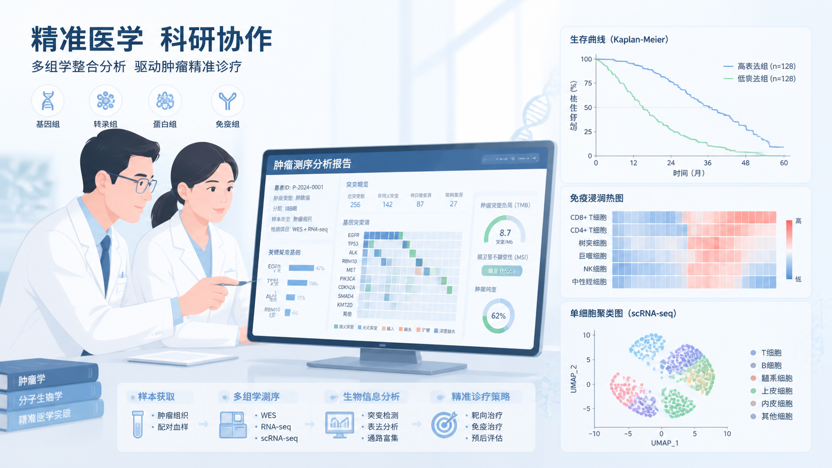 临床医生与科研人员共同查看肿瘤测序分析报告，旁边展示生存曲线、免疫浸润图和单细胞聚类图