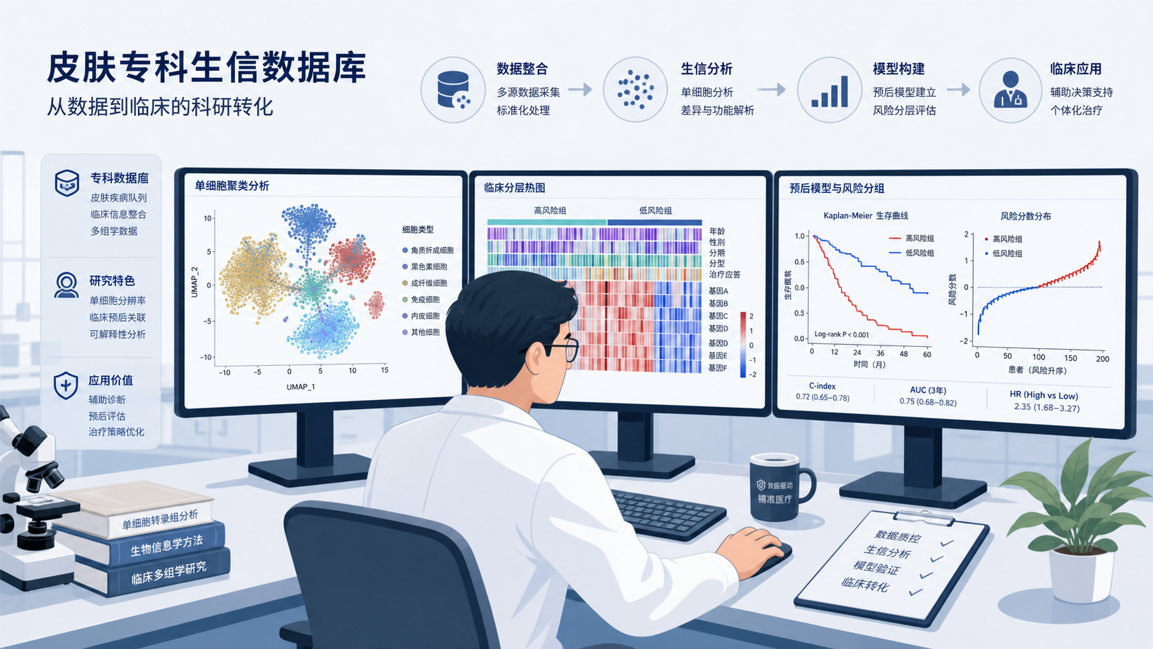 科研人员在电脑前操作皮肤专科生信数据库，屏幕展示单细胞聚类、临床分层和预后模型结果，体现“从数据到论文”的流程