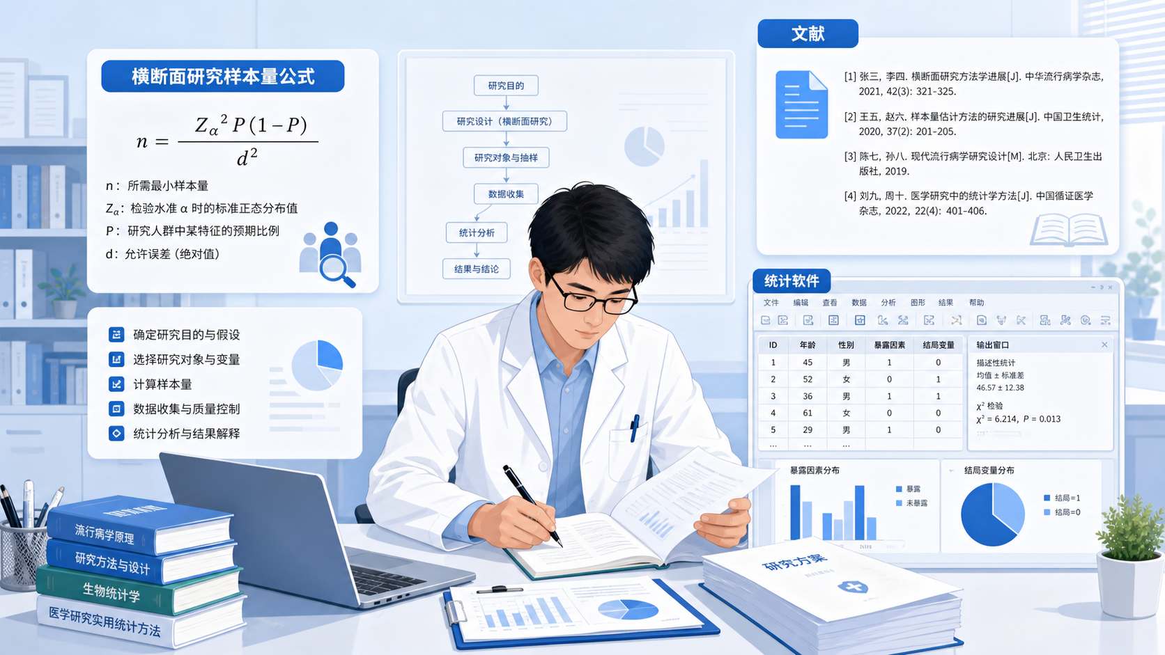 科研人员整理研究方案，旁边显示横断面研究样本量公式、文献和统计软件界面，体现专业论文写作场景