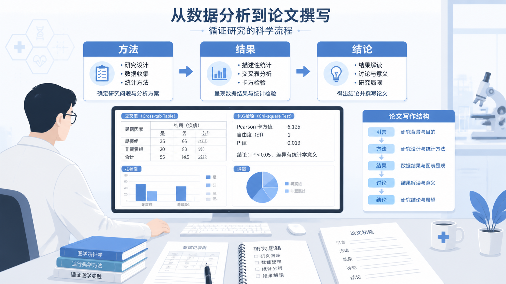 医学科研人员整理统计结果并撰写论文，画面包含交叉表、卡方检验输出和“方法-结果-结论”结构示意