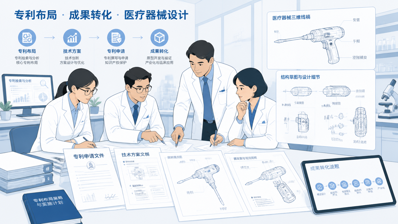 医生、科研人员与专利文件、医疗器械外观图纸的组合场景，突出“专利布局与成果转化”