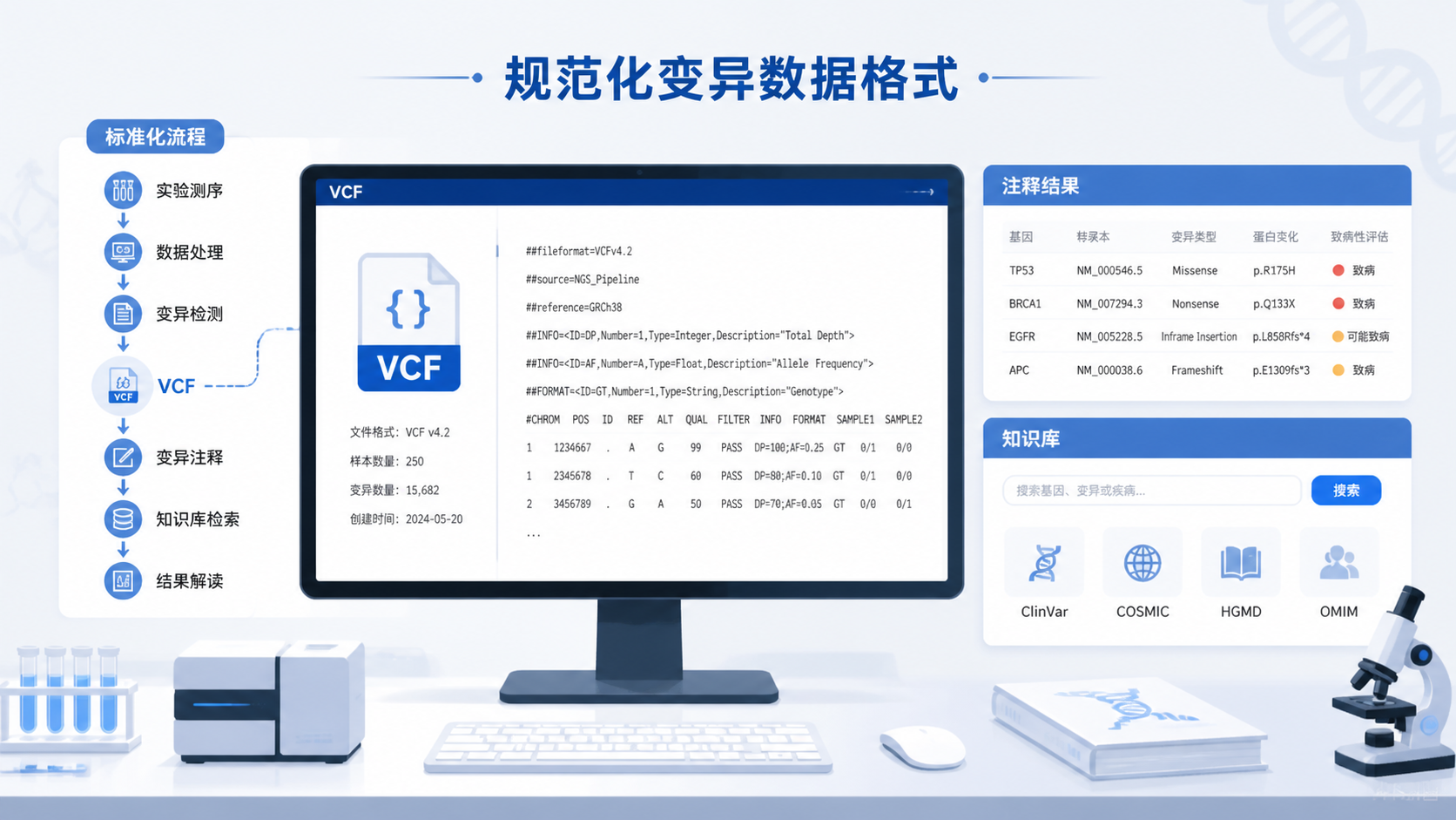 整洁的科研工作台，展示标准化数据流程图、VCF文件、注释结果和知识库界面，突出“规范化变异数据格式”。