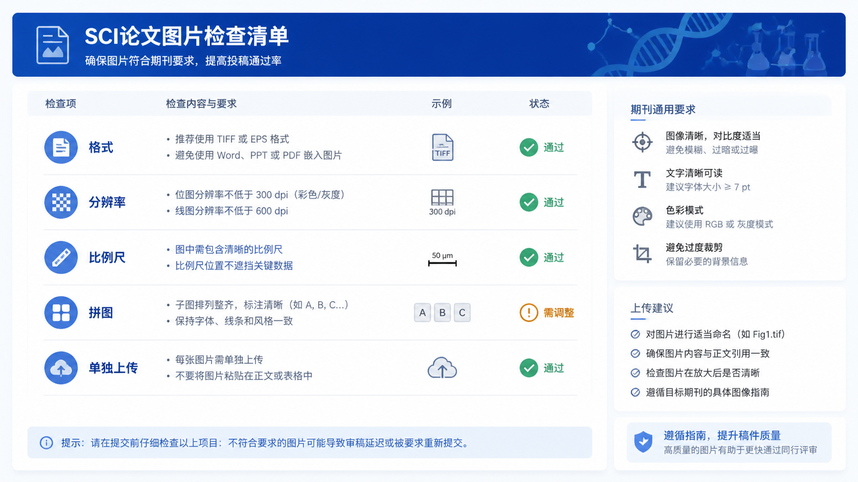 整洁的SCI论文图片检查清单界面，包含格式、分辨率、比例尺、拼图、单独上传等核对项。