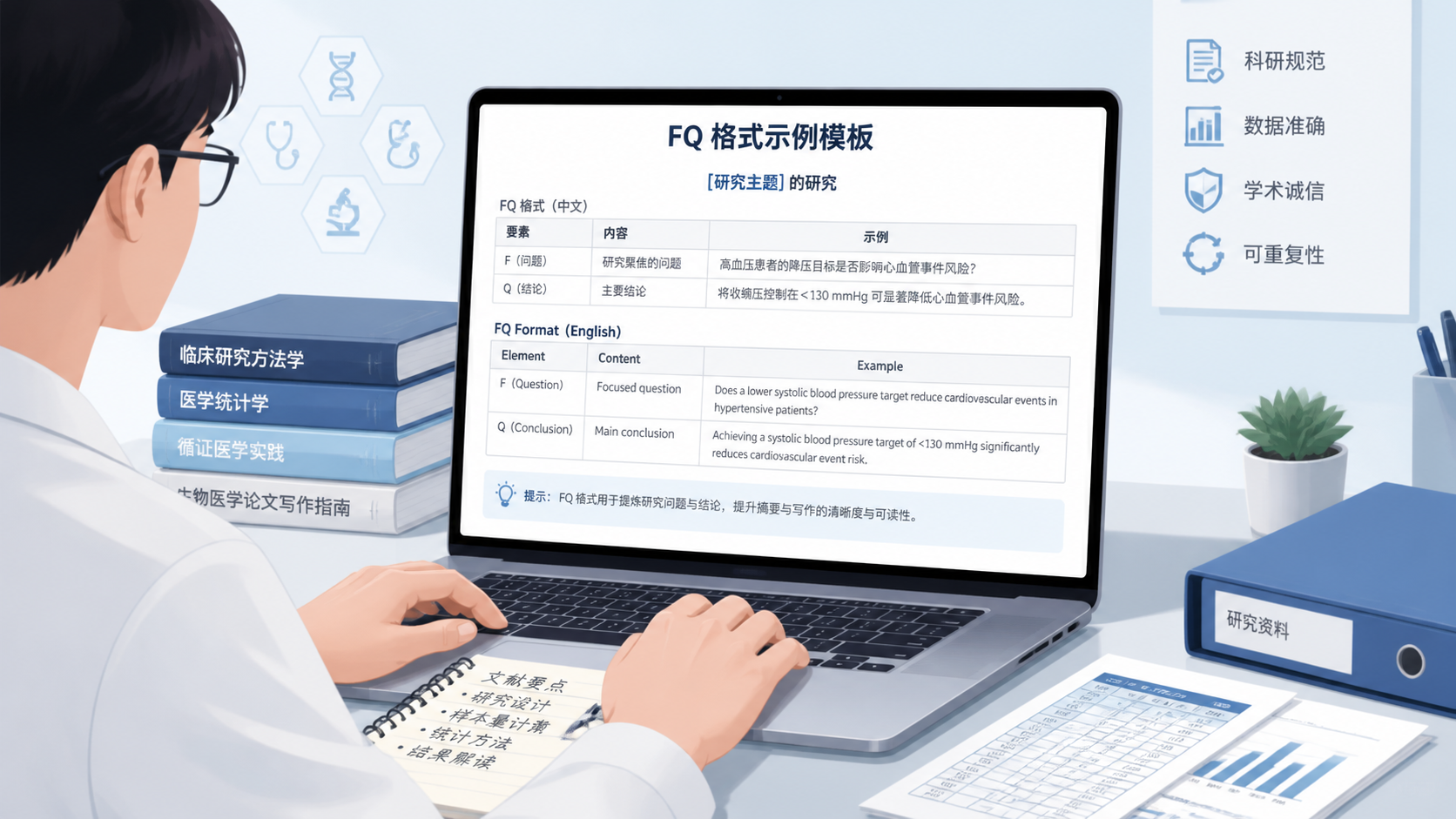 医学生或科研人员在电脑前整理文献与表格，屏幕上展示规范化的FQ格式示例模板，强调专业、整洁、可复制的写作场景