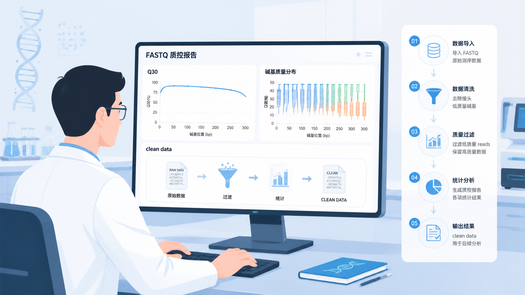 实验室人员查看FASTQ质控报告界面，旁边展示Q30曲线、碱基质量分布和clean data流程示意图