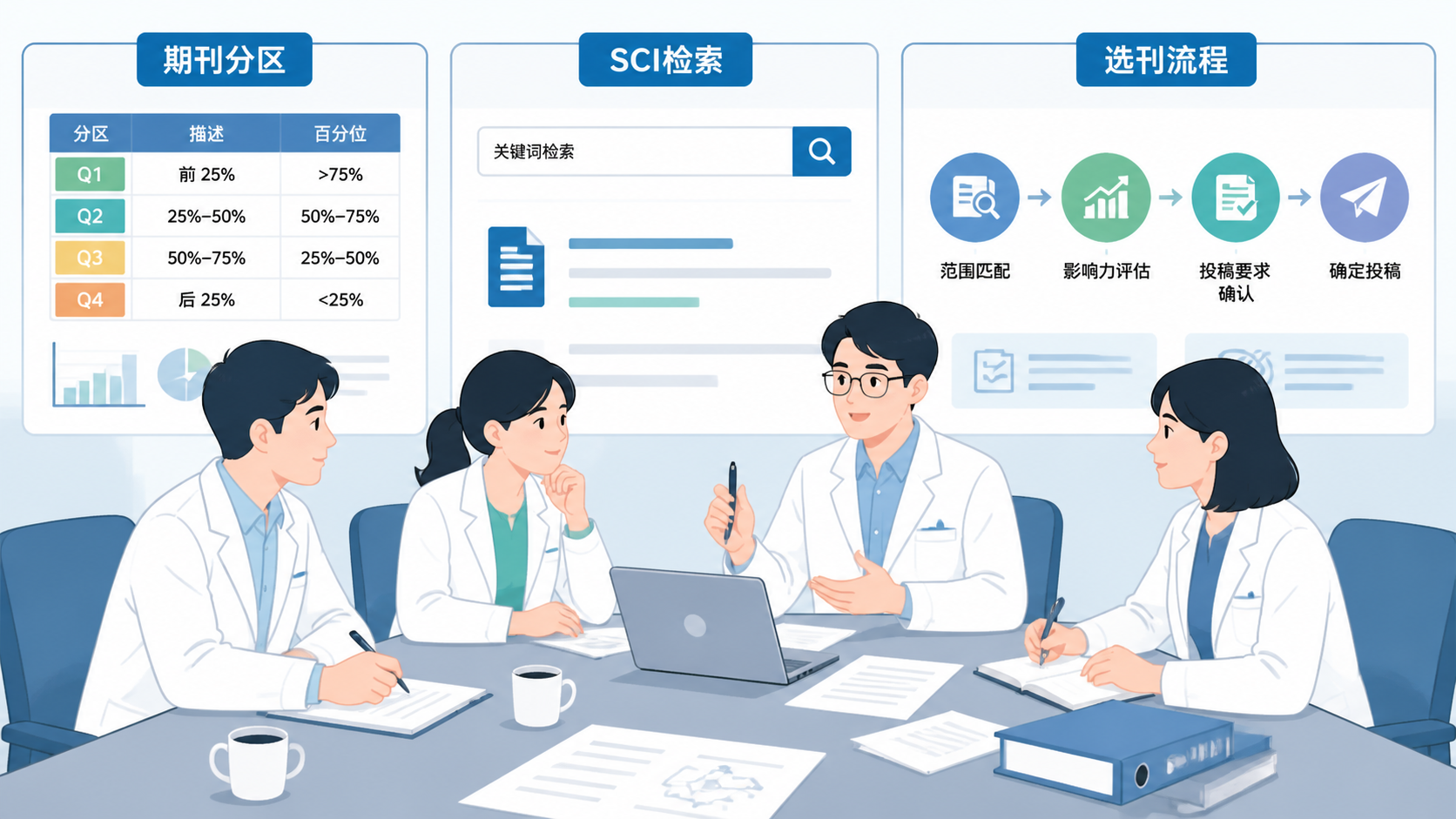 科研人员在会议桌前讨论投稿策略，旁边显示期刊分区表、SCI检索界面和选刊流程图，整体风格专业、可信。