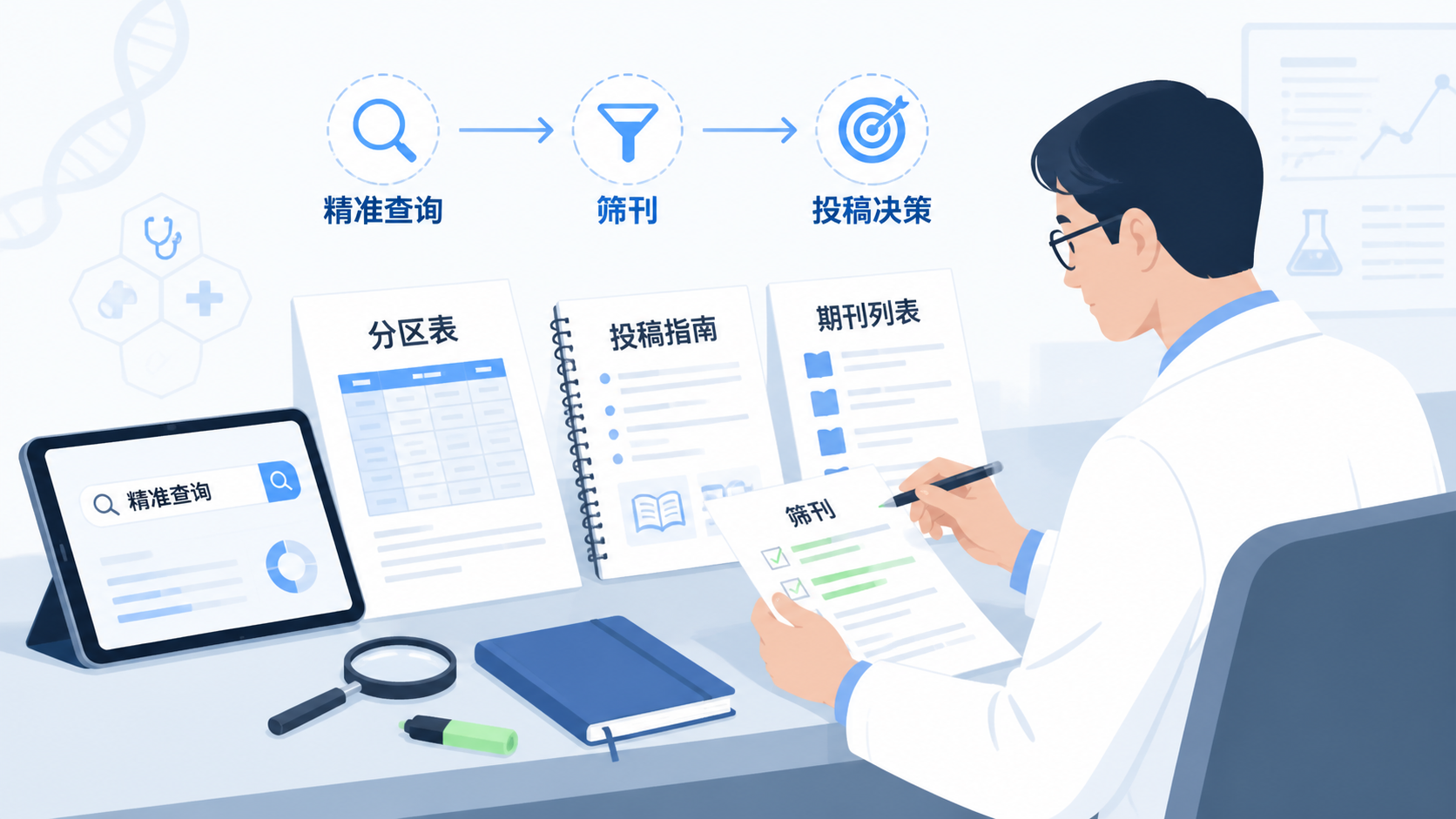 科研人员在桌面前对照分区表、投稿指南和期刊列表，画面突出“精准查询、筛刊、投稿决策”场景，并带有品牌服务辅助感。