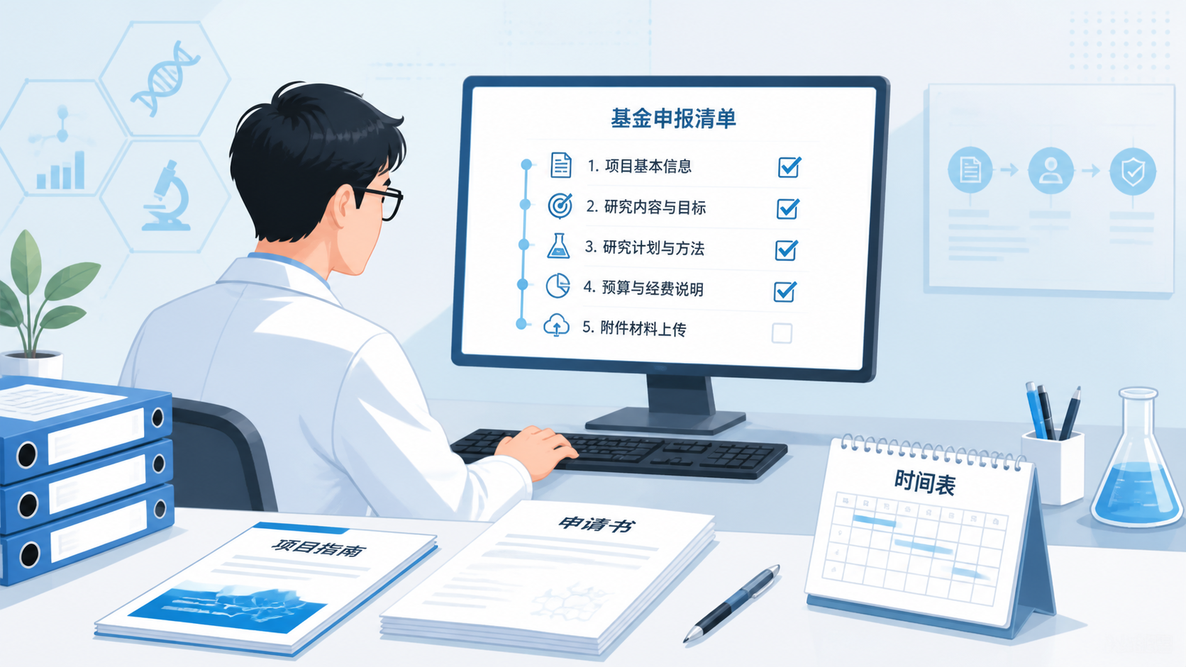 科研人员在电脑前核对基金申报清单，旁边放着项目指南、申请书和时间表，画面专业、简洁。