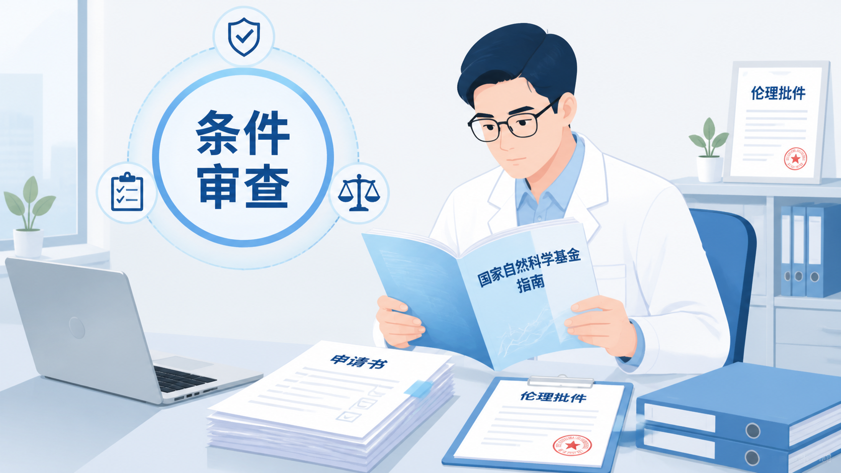 医务科研人员在办公室查看国家自然科学基金指南，桌上有申请书、电脑和伦理批件文件，突出“条件审查”和“项目申报”场景