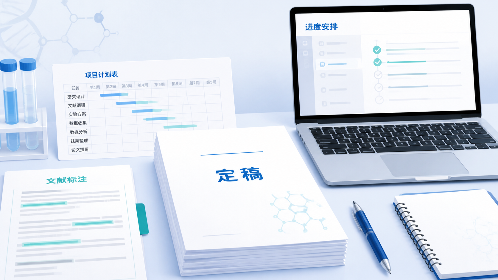申报书定稿后的桌面特写，旁边有项目计划表、文献标注和电脑屏幕，整体体现专业、稳定、可执行的科研氛围。