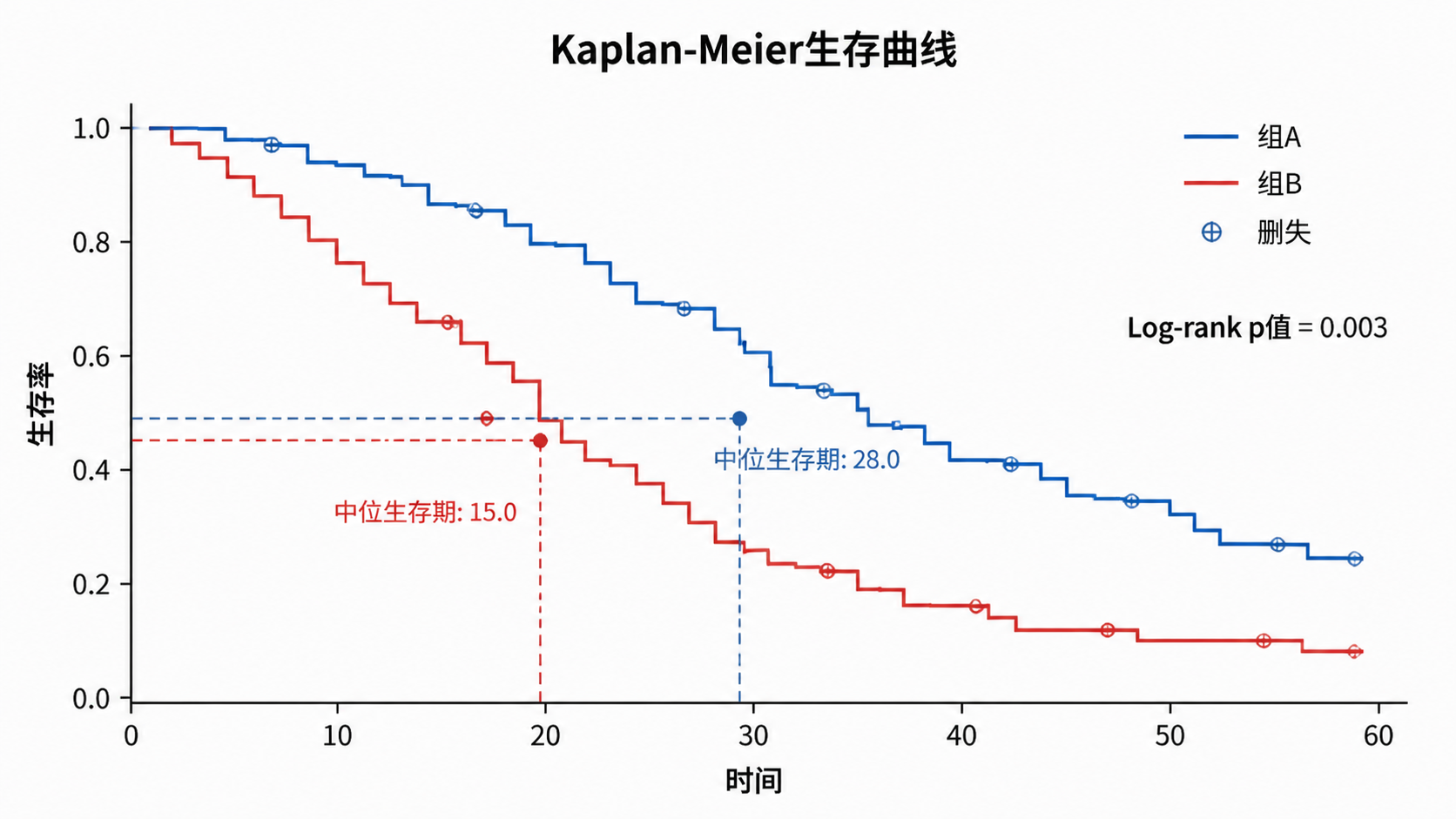 一张Kaplan-Meier生存曲线示意图，标出x轴时间、y轴生存率、中位生存期和Log-rank检验位置