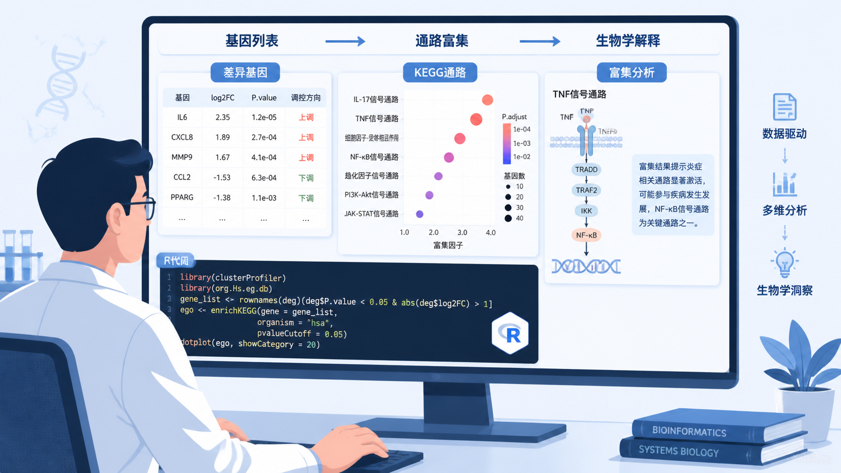 科研人员在电脑前查看差异基因结果、KEGG通路图和R代码界面，突出“基因列表到通路解释”的分析流程。