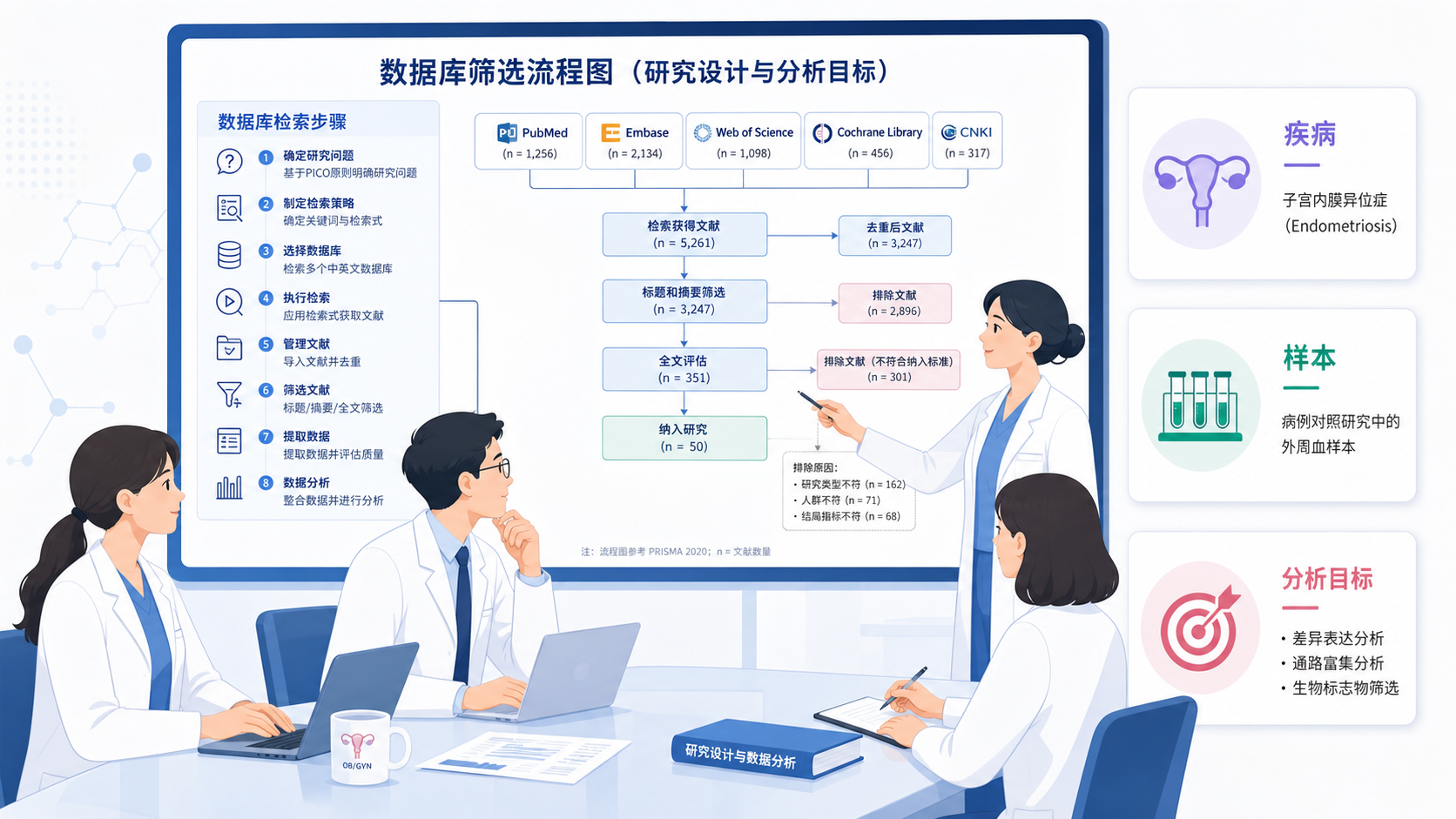 妇产科科研团队围绕数据库筛选流程图讨论，旁边展示疾病、样本、分析目标三项指标卡片