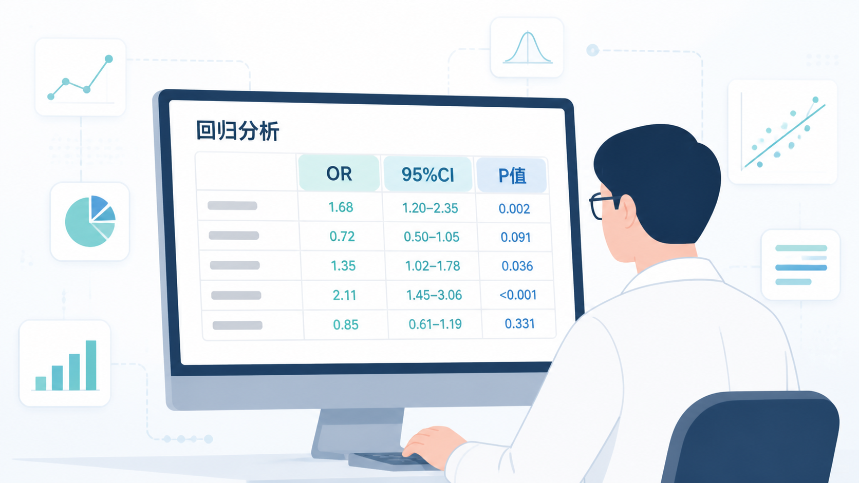 科研人员在电脑前查看回归分析输出表，旁边有OR值、95%CI、P值等统计结果标注。