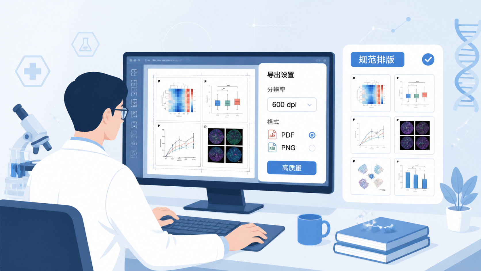 科研人员在电脑前整理SCI论文图表，旁边显示导出设置窗口、600 dpi参数和规范排版后的高质量拼图