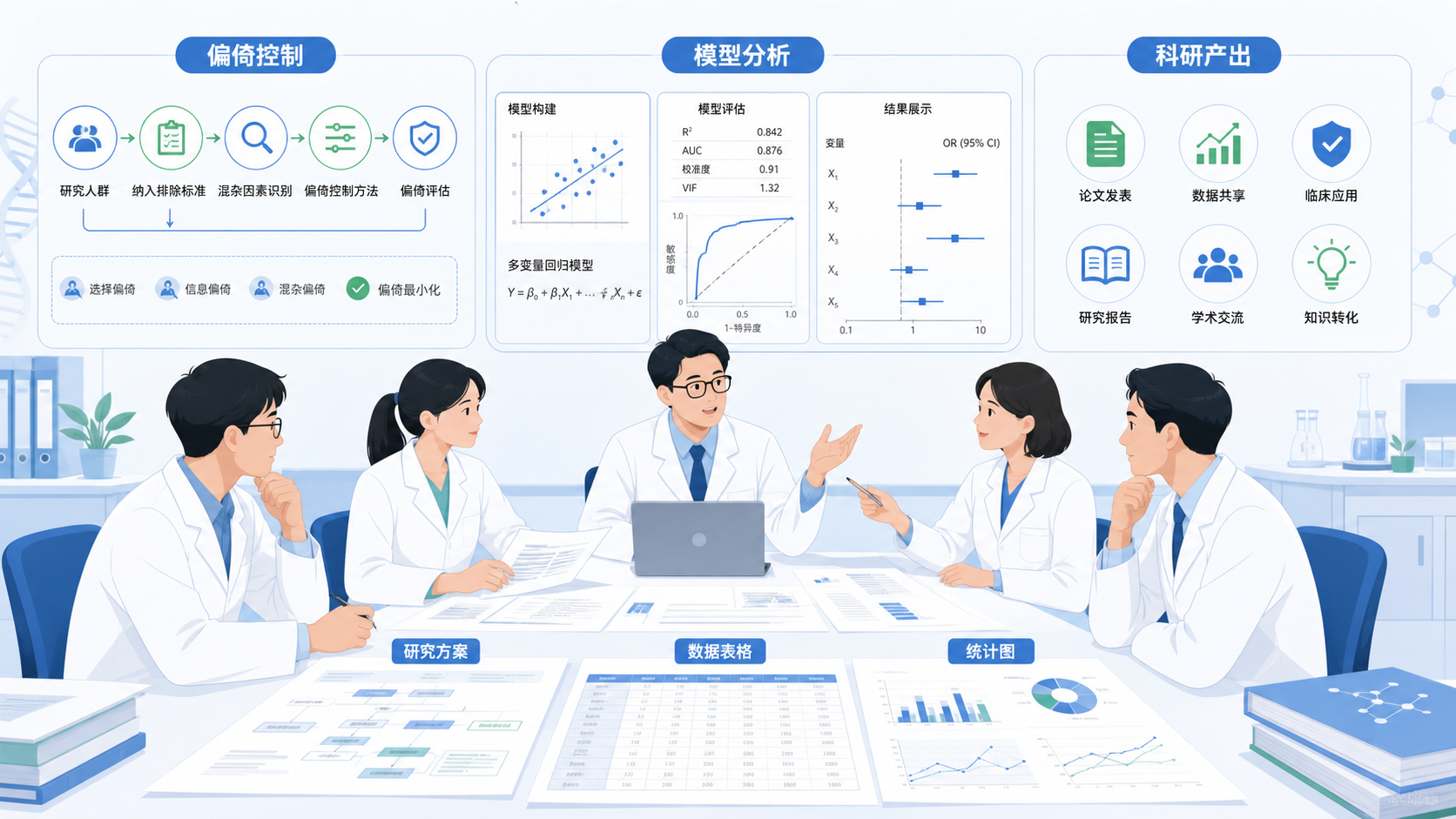 医学科研团队围绕研究方案、数据表格和统计图讨论，画面突出“偏倚控制、模型分析、科研产出”