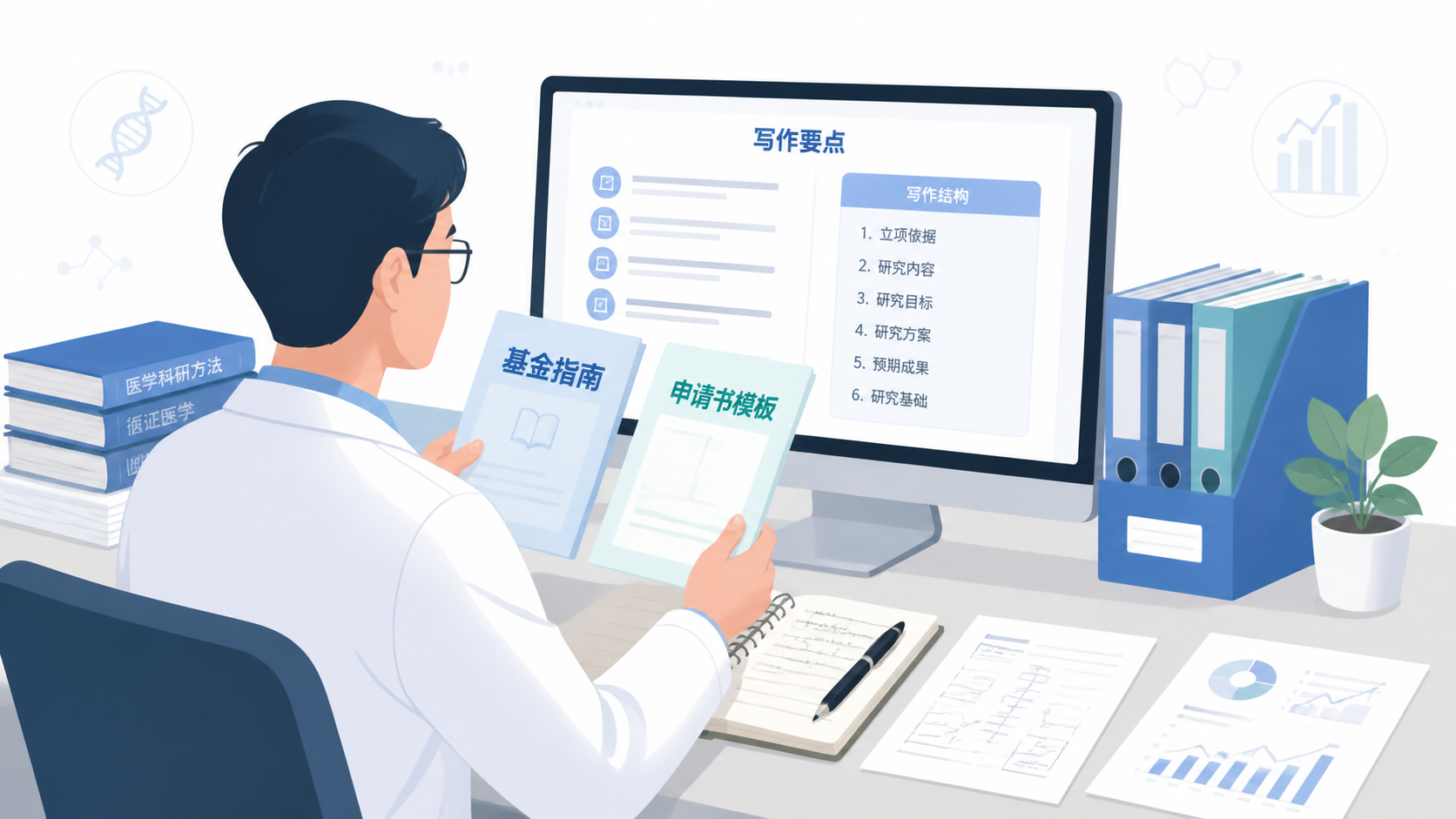 一位医生在电脑前对照基金指南和申请书模板，桌面上有文献、笔记和研究方案草图，强调“申请要求+写作流程”主题