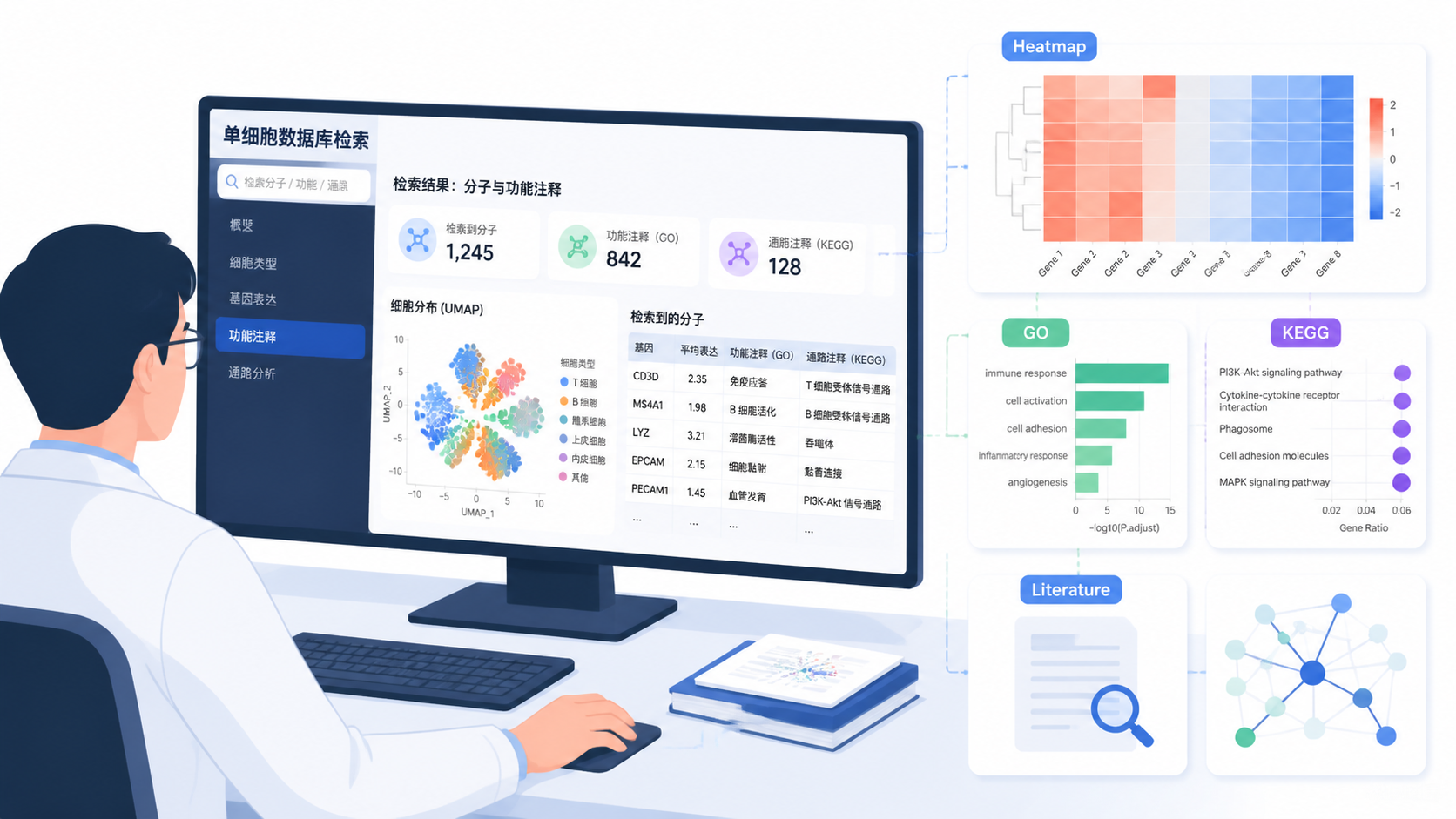 科研人员在电脑前查看单细胞数据库结果，旁边叠加热图、GO/KEGG注释和文献图标，突出“检索到分析闭环”的场景。