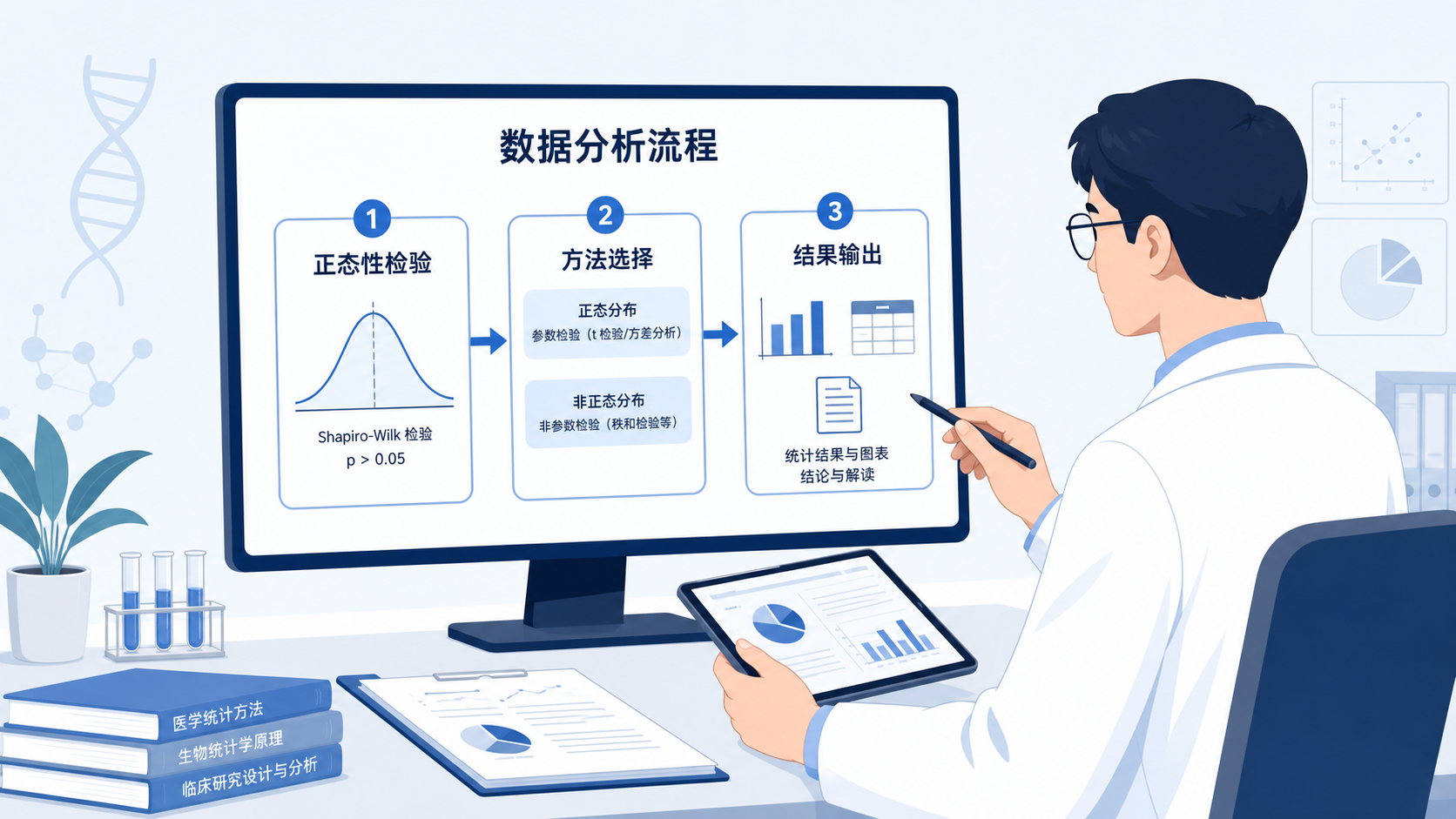医学科研人员在整理统计分析流程图，旁边显示“正态性检验、方法选择、结果输出”
