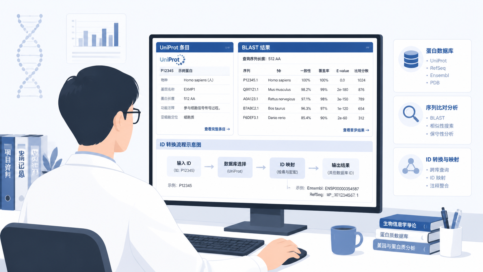 一张研究人员在电脑前查看 UniProt 条目页、BLAST 结果和 ID 转换流程的工作场景图，突出“高效检索、科研应用、转化支持”。